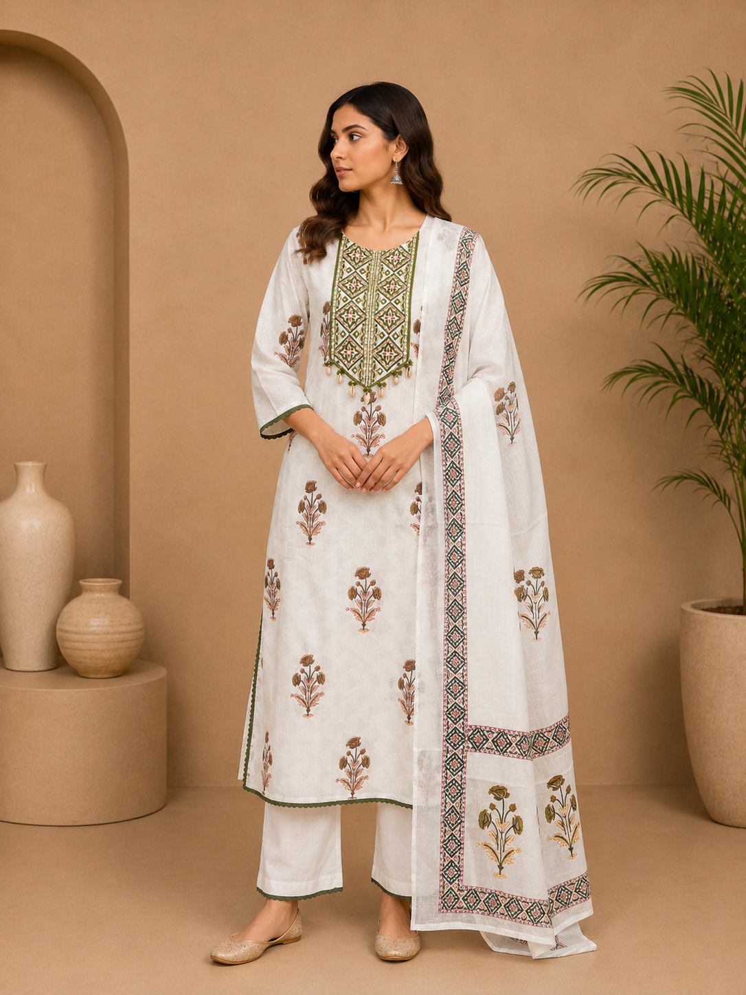 Women's Cotton Block Print Kurta Pant Set with Dupatta